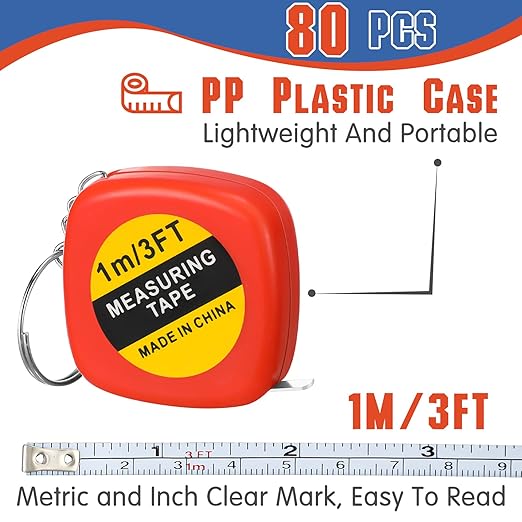 Macarrie 80 Pcs Small Tape Measure Keychains 3 ft/ 1 m Mini Retractable Measuring Tape Bulk with Slide Lock Construction Party Favors for School Prize Bag Filler DIY Projects Office Home Use, 4 Colors