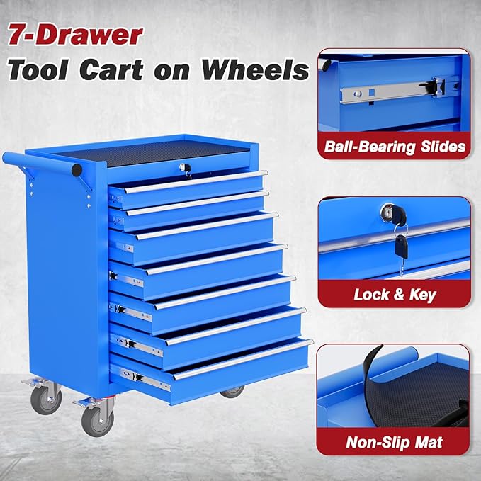 Rolling Tool Chest with Drawers, 7 Drawers Tool Chests & Cabinets, Metal Toolbox with Wheels, Lockable Storage Cabinet, Garage Tool Box with Drawers (Blue, 7 Drawers)
