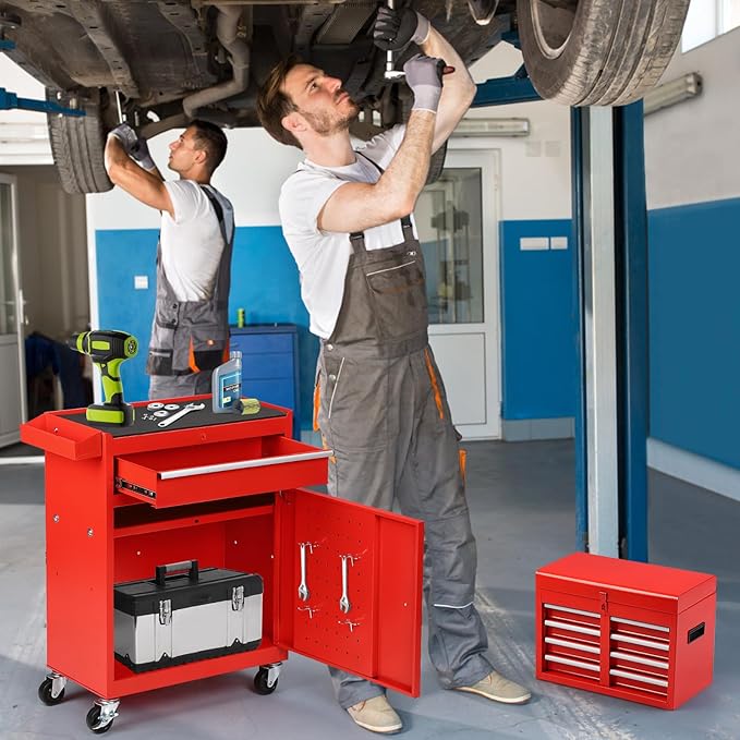Rolling Tool Chest - 5 Drawers Tool Box Organizer with Lockable Wheels, Sliding Drawers, Detachable Top Tool Box - Tool Storage Cabinet for Garage Workshop, Red