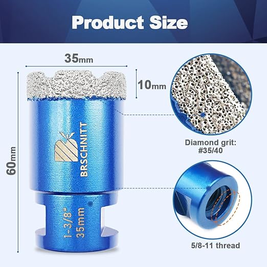 1-3/8 Inch Diamond Core Drill Bit for Porcelain Tile Ceramic Marble Granite Drilling,BRSCHNITT 1pc Vacuum Brazed Diamond Hole Saw with 5/8-11 Thread (35mm)