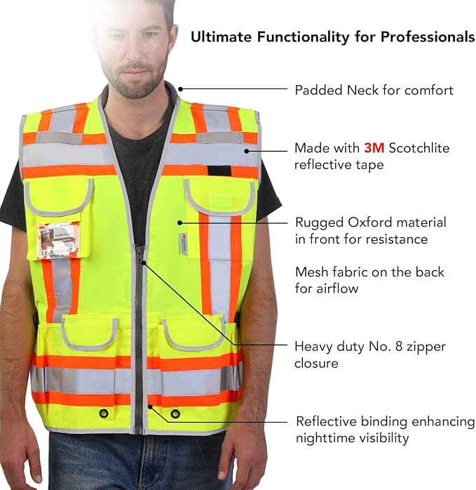 Dib Safety Reflective Vest Heavy Duty, High Visibility Two Tone Engineer Vest, Made with 3M Tape, Padded Collar, Retractable ID Pocket, Yellow L