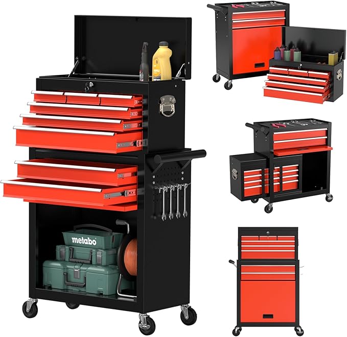 8 Drawer Tools Chest,42.9 inch Tool Cabinet with Universal Lockable Wheels，Organizable Tool Box with Detachable Top Box for Workshop，BlackRed