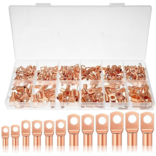 Ferraycle 200 Pieces Copper Battery Wire Lugs 12 Sizes Battery Cable Ends Eyelets Tubular Ring Terminal Connectors for Automotive Supplies