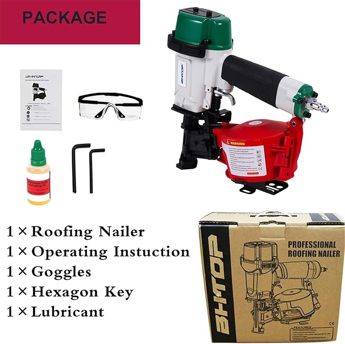 BHTOP Mexican Style CN45N Roofing Nailer, 15 Degree Roofing Nail Gun, 3/4-Inch to 1-3/4-Inch Coil Nails, 120-pcs Load Capacity Coil Naile