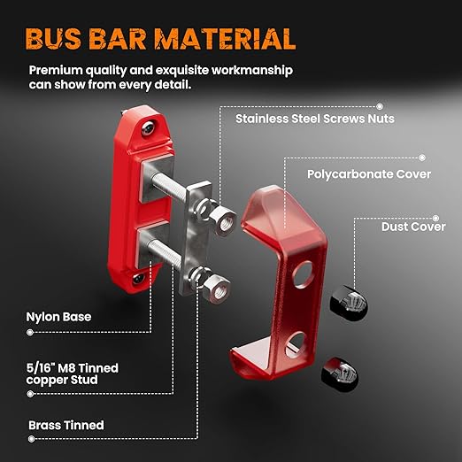 2PCS 5/16" M8 Dual Stud Bus Bar 12-48V 150A-250A Power Distribution Block – Heavy Duty Battery Terminal for Boat, Automotive, RV, Solar Systems with Protection Covers & Screws