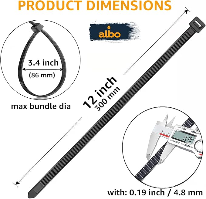 ALBO Zip Ties Black 12 Inch 1000 Pack 50 lb, Long Plastic Cable Ties Thick 0.19 Inch Tie Wraps Heavy Duty UV Resistant Nylon Wire Ties for Indoor and Outdoor