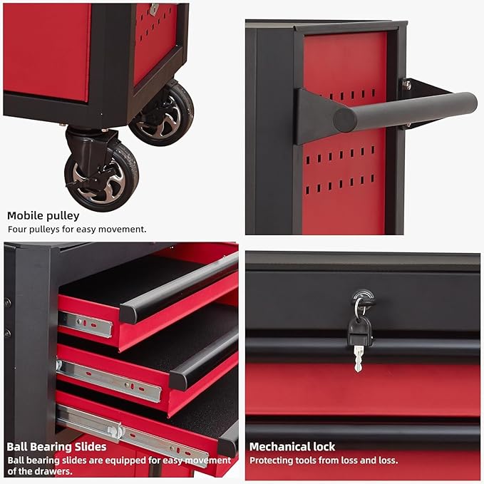 Rolling Tool Chest with Locking Wheels - Tool Box with 3 Drawers & 1 Big Tool Cabinet with 2 Door, 18.5" D x 28" W x 40" H Mobile Tool Storage Cabinet, Heavy-Duty Garage Organizer w/Ergonomic Handle