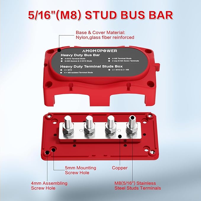 300A Bus Bar 12v Power Distribution Block 4 x 5/16"(M8) Terminal Block Heavy Duty Waterproof Buss Bar Junction Block Marine Battery Bus bar for Automotive Boat Solar System(Red)