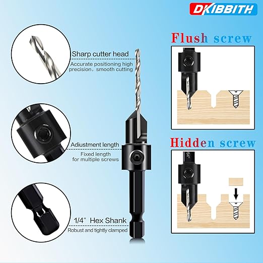 DKIBBITH 12-Piece Countersink Drill Bit Set with 5 Spare Bits, 2 Limit Rings, 1 Hex Key, 2 Screws & Case - 3-in-1 Wood Countersink Bit for #6#8#10#12#16 Screws, 82°Chamfer, Depth Adjustable.