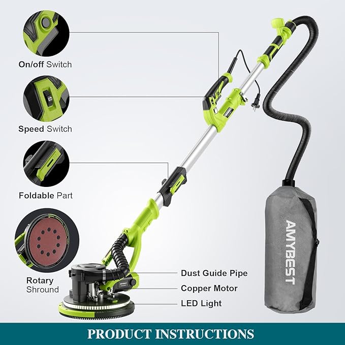 AMYBEST Drywall Sander, Powerful Electric Drywall Sander with Vacuum Dust Collection, 5 Speed 1000-2100 RPM, Popcorn Ceiling Remover, LED Light & 12 Sanding Discs, Extendable Handle (GREEN）
