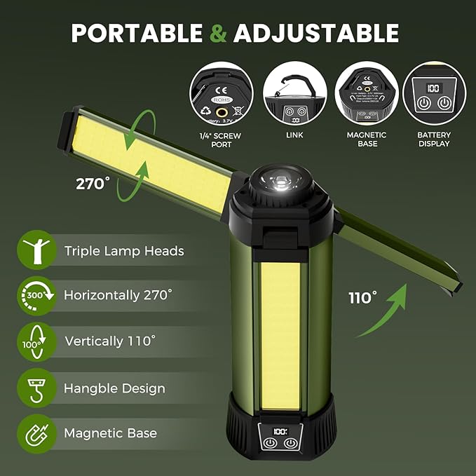 Rechargeable Camping Light with Stand - 54" Tall Cordless Work Light Portable USB Tripod Lights 2000 Lumen 3 Page Head with Carrying Bag for Outdoor Hiking Workshop Job Site(Green-B)