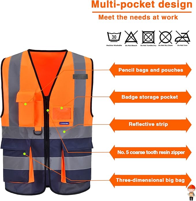 A-SAFETY High visibility vest,Reflective Safety Vest Workwear 7 Pockets Hi Vis Durable Vest with Reflective Tapes 4 Lower Pockets,Orange&Navy XL