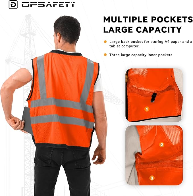 Reflective Safety Vest With Back Pocket, High Visibility Class 2 Heavy Duty Surveyor Vest with Zipper, ANSI/ISEA Standard, Construction Work Vest for Men & Women (Orange, 4XL)