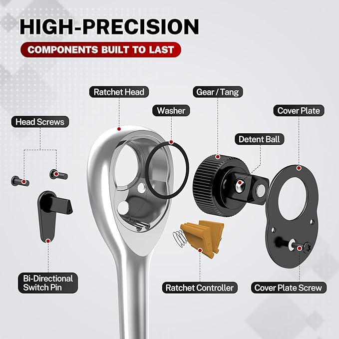 TOMMARS 3/8 inch Drive Ratchet, 72-Tooth Quick-Release Socket Ratchet Wrench Handle Reversible