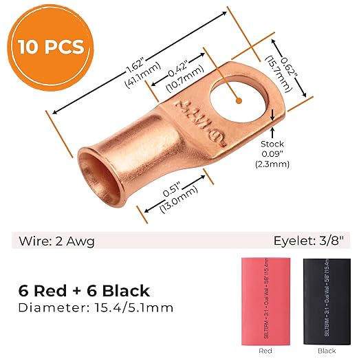 SELTERM 10pcs - 2 Awg - 3/8" Stud - Battery Lugs - Ring Terminal Connectors | with 12pcs 3:1 Black & Red Heat Shrink Tubing with Adhesive | Heavy Duty Battery Cable Ends - Bare Copper Wire Lugs Kit