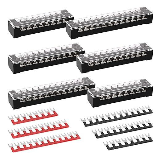 APIELE Screw Terminal Block 8/10/12 Position Dual Row Covered 600V 15A Pre-Insulated Terminal Barrier Strips (15A 8P/10P/12P+6PCS Wiring Strips)