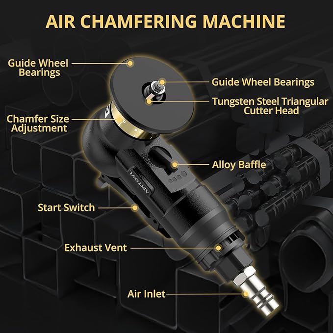 AMTOVL Air Chamfer Tool - Mini Pneumatic Chamfering Machine, 30000 RPM Pneumatic Chamfering Tool, 45 Degree Air Beveling Machine with 1/4 Inch Air Inlet for Metal, Wood - Black