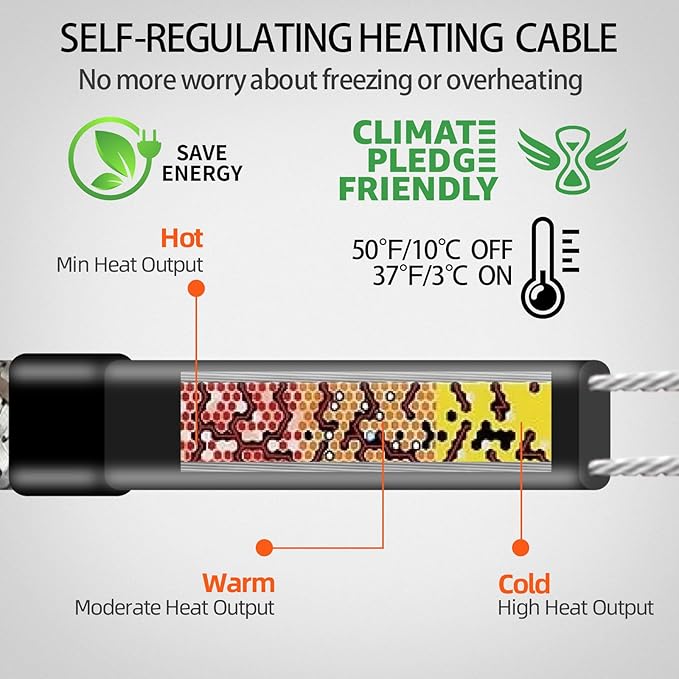 Intelligent Heat Tape for Water Pipe Freeze Protection,Self-Regulating Heating Cable for Metal and Plastic Water Pipes, Built-in Thermostat, Energy-Saving Water Pipe Heat Cable,120Ft, 120V