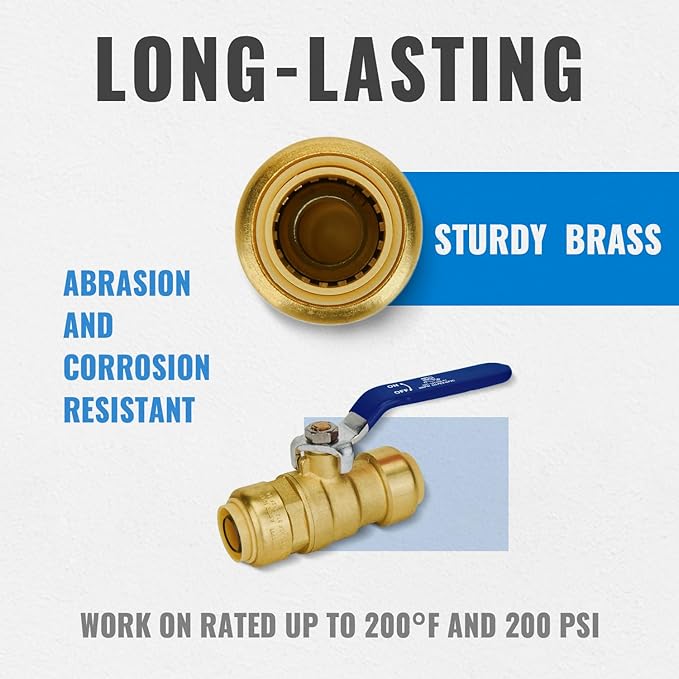 Shut Off Ball Valve 3/4 Inch, SUNGATOR 3/4 Inch Ball Valve, Push-to-Connect Water Shutoff with Blule Handle, No Lead Brass Plumbing Fittings for PEX Pipe, Copper,CPVC, Pack of 2