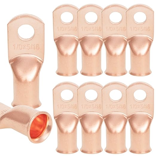 10PCS 1/0AWG - 5/16''Stud Heavy Duty Copper Terminals Battery Cable Crimp Lugs Battery Cable Ends Bare Copper Eyelets Tubular Ring Terminals Closed End Crimp Electric Connectors