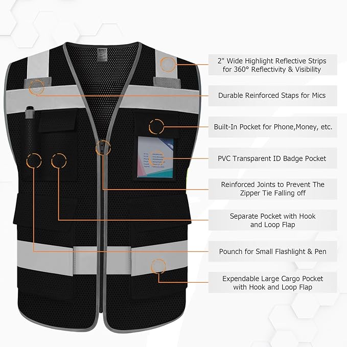 TCCFCCT Mesh Safety Vest - High Visibility, 5 Pockets, Reflective Work Vest for Men & Women; Meets ANSI/ISEA Standards - Black, XL