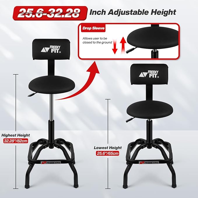 Shop Stool with Backrest, Mechanic Garage Stool for Workshop, Adjustable Stool Chair, Padded Workbench Stool for Men Women, 300 LBS Capacity, 360° Swivel PVC Seat, Heavy Duty, Black