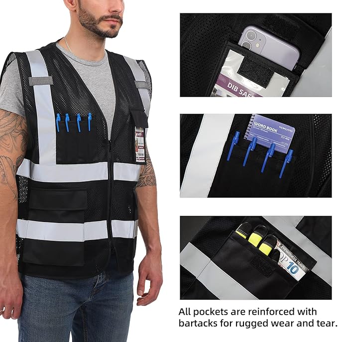 Dib Safety Reflective Mesh Vest High Visibility with Pockets and Zipper, Black Mesh S