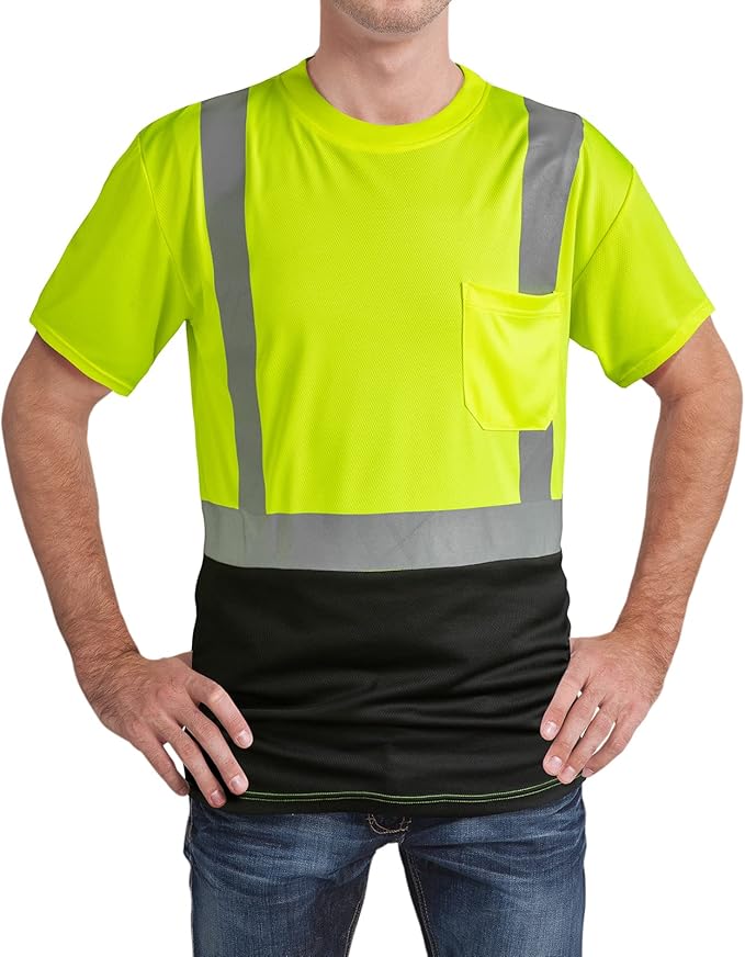 High Visibility Shirts Quick Dry Safety T Shirts with Reflective Strips and Pocket Short Sleeve Mesh Hi Vis Construction Work Class 2 Shirt for Men/Women Black Bottom Lime,5XL
