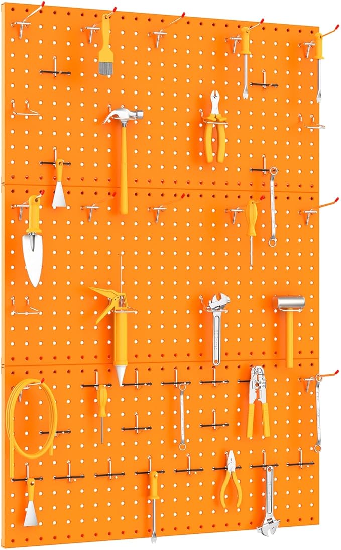 TORACK 3Pcs Metal Pegboard Panels(12x24 inch) for Wall Garage Tools Storage Pegboard for Workbench, Modular Peg Board Tool Organizer Board Kit(Pack of 3, Orange)