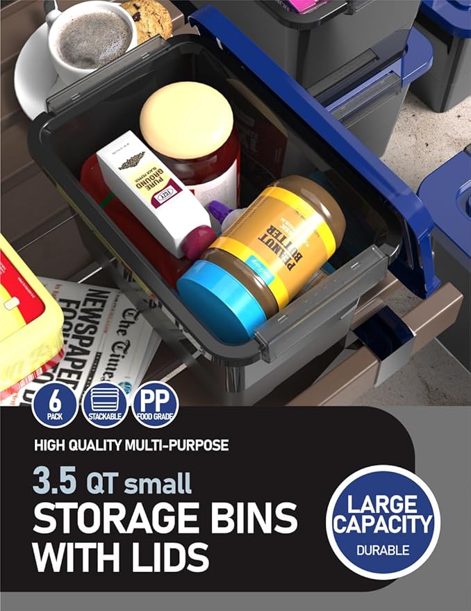 WYT Plastic Storage Bins with Lids and Latch, 6-Pack Small Stackable Plastic Organizing Box with Buckle and Handle, 3.5 Quart Durable Nestable Totes Containers (Black/Blue)