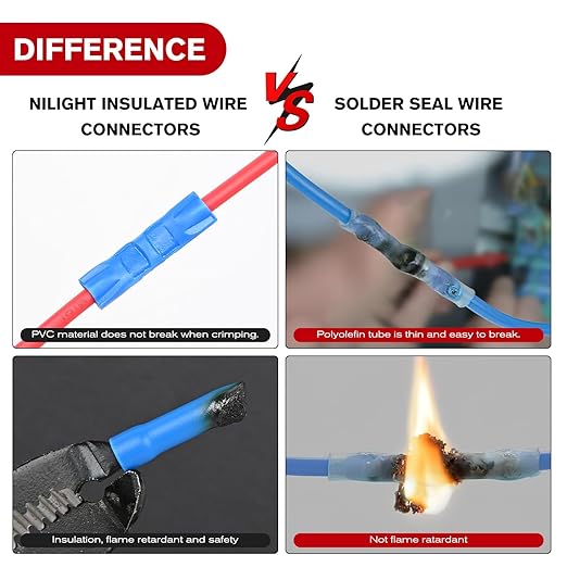 Nilight 200PCS Electrical Butt Connectors AWG 22-10 Insulated Wire Crimp Connector Splice Blue Red Yellow for Automotive Marine Wiring