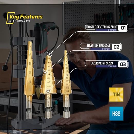 Titanium Step Drill Bit Set - 3PCS High Speed Steel Unibit, 1/4" Shank, Total 28 Sizes 3/16" - 1/2"
