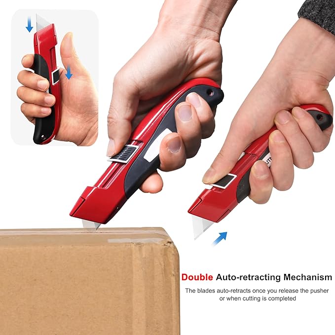 HAUTMEC High Safety Utility Knife, Self-retracting Box Cutter with Double Safety Mechanism - Automatic Blade Retraction After Cuts & Self-retraction by Release Push Button – HT0195