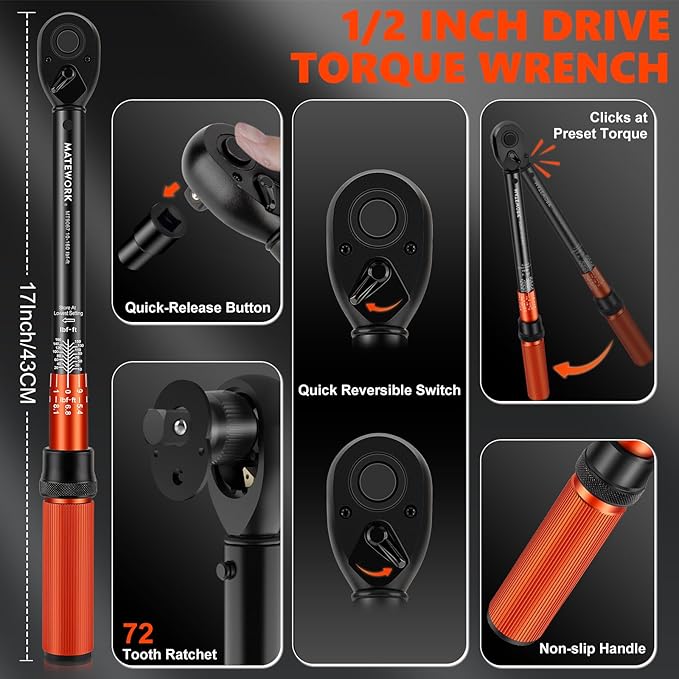 1/2 Inch Drive Click Torque Wrench, 10-160 ft.lb/10-227 Nm, ±3% High Precision Lug Nut Torque Wrench with 72 Tooth Dual-Direction for Moto, Wheel Tire and Car Repair
