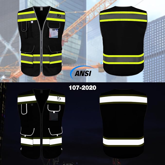 TCCFCCT Black Safety Vest for Men Women 9 Pockets Mesh High Visibility Reflective Vest for Safety, Work Vest with Reflective Strips, Meets ANSI/ISEA Standards, DB-5X-Large
