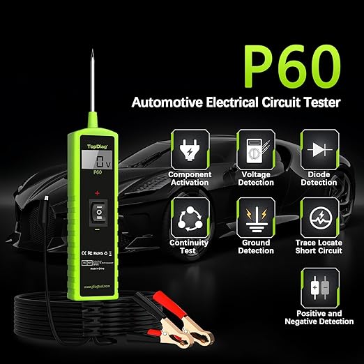 12 Volt Test Light Automotive, Topdiag P60 Car Circuit Tester, 12-24V Power Circuit Probe Kit, Short Circuit Automobile Finder，AC/DC Voltage Tester, Component Activation Tool