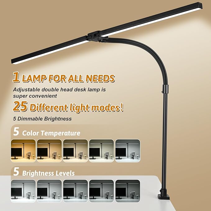 LED Desk Lamp for Office Dorm Home - Eye Caring Desk Light with Timer, Remote Control 24W 5 Color Brightest Dual Screen Computer Monitor Gooseneck Dimmable Table lamp with Anti-Glare Cover Clamp