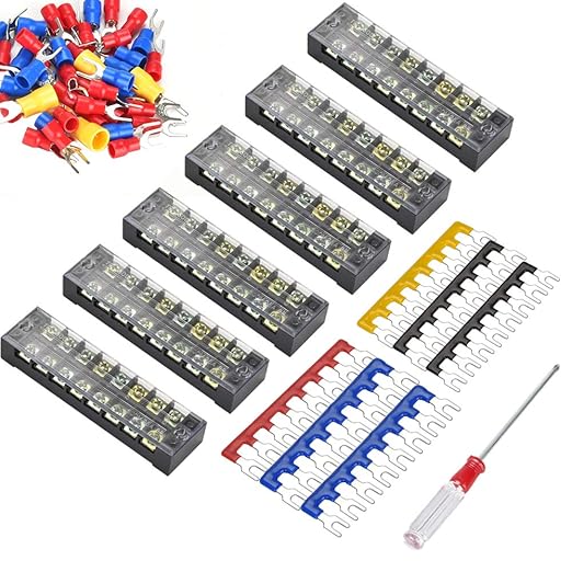 73Pcs(6Sets) Terminal Block Set, 6Pcs 8 Positions 600V 25A Dual Row Screw Terminal Strip Block + 6Pcs Pre-Insulated Terminals Barrier Strip + 60Pcs Insulated Fork Wire Connector by CGele…