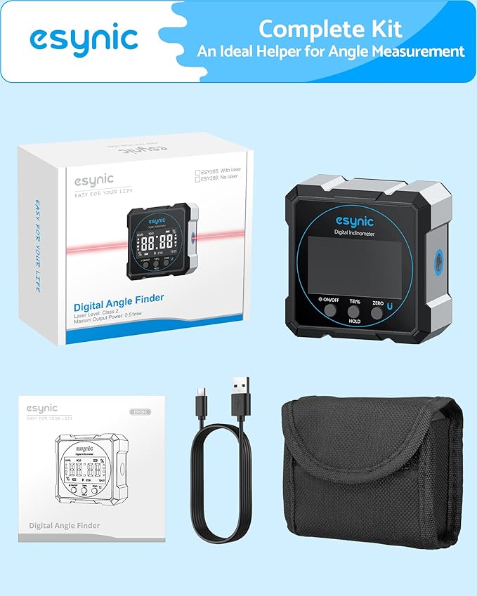 eSynic Portable Digital Angle Finder with Laser Waterpoof 4 Sides Magnetic Digital Inclinometer Level Box Backlight LCD Display Rechargeable Digital Angle Gauge (Laser Level Class II,Output: 0.51mW)