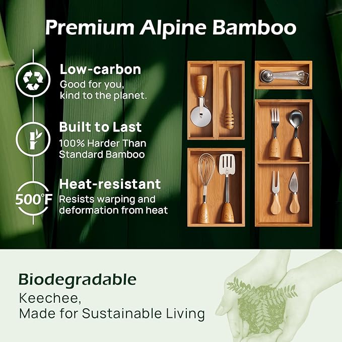 6-Piece Bamboo Drawer Organizer Set, 2.2" Deep | Multi-Use Organizers for Utensils, Silverware, Cutlery, Desk, Bathroom, Junk Drawer & Makeup, Non-Slip Feet Included.