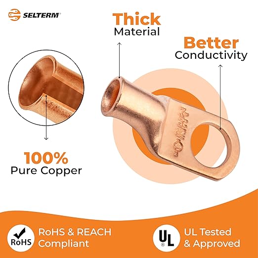 SELTERM 10pcs 6 AWG - 3/8" Stud - Battery Lugs, Heavy Duty Wire Lugs, Ring Terminals, Battery Cable Ends,6 Gauge Terminals, UL Bare Copper Eyelets Electrical Battery Terminal Connectors