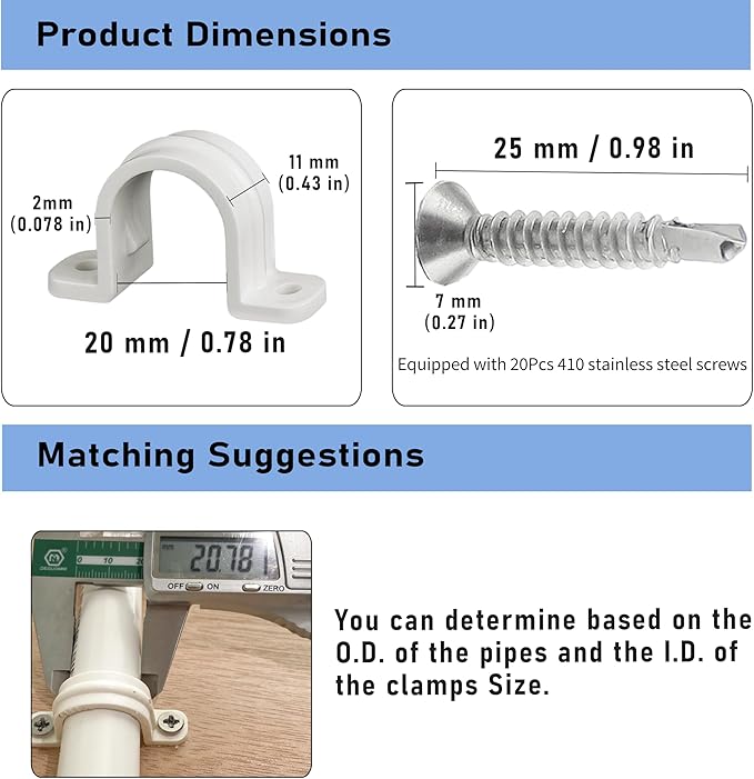 10 Set Pipe Clamps,SCH 1/2 in (20 MM) PVC Pipe Strap Clips,Two Hole Plastic Pipe Clamps,Conduit Strap Clamps