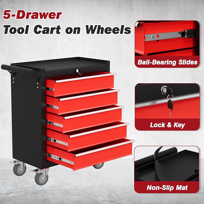 Rolling Tool Chest with Drawers, 5 Drawers Tool Chests & Cabinets, Metal Toolbox with Wheels, Lockable Storage Cabinet, Garage Tool Box with Drawers (BlackRed, 5 Drawers)