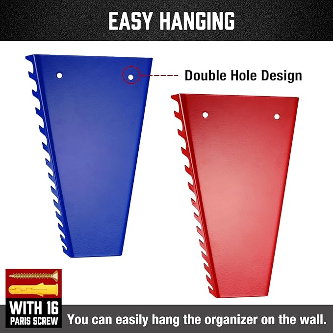 ALOANES Steel Wrench Organizer, 52-Slot Tool Organizer Set Wall Mounted & Hanging, 4 Pack Wrench Holders Fit SAE & Metric Wrench Storage(Red&Blue)