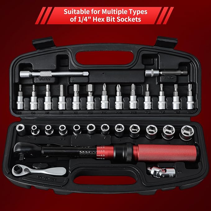 1/4-Inch Drive Torque Wrench Set,2.3-24.9 N.M/20-220IN.LB, Bike Torque Wrench Set,30PCS Click Torque Wrenches with 1/4 Ratchet Wrench, Extension Bar, Sockets for Bicycle