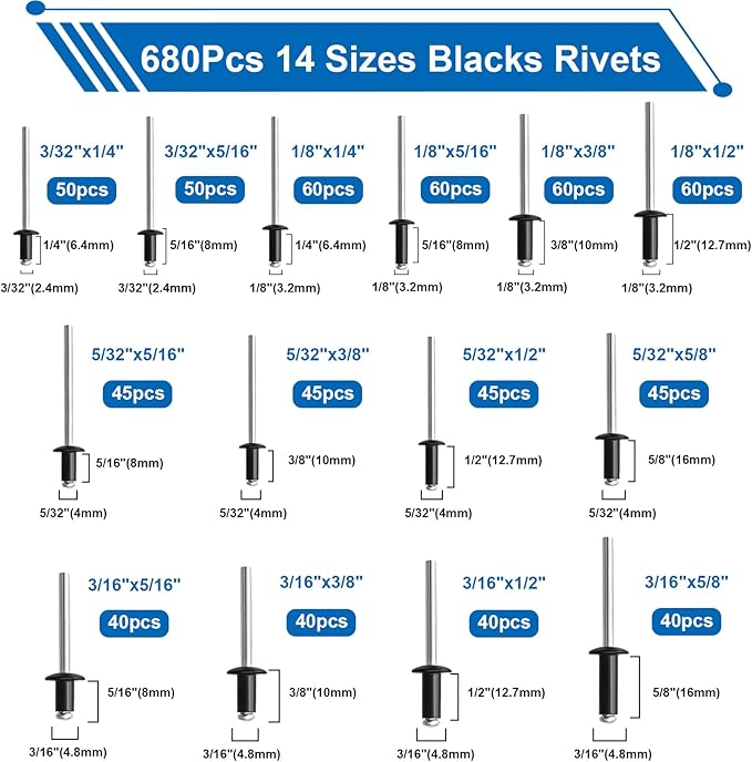 smseace 1001Pcs Pop Rivet Gun Kit Black Pop Rivets, Large Flange Rivets, Washers and Rivets Gun Tool Packed in Portable Toolbox with Color Label for Metal, Furniture, Automotive, Instruments