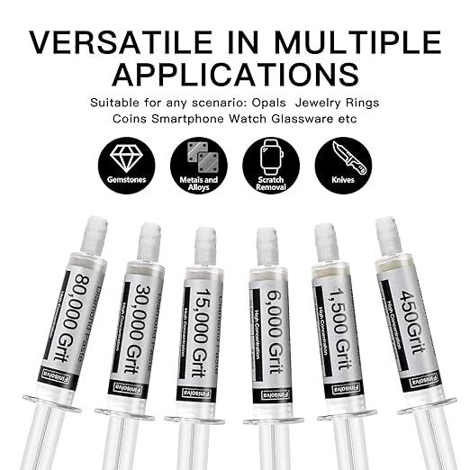 Diamond Polishing Compound Kit of 6 Polishing Lapping Paste 80,000 to 450 Grit for Glass Watch Marble Metal Resin Rock Jewelry Etc. with High Concentration of Diamond Powder Scratch Remover Repair