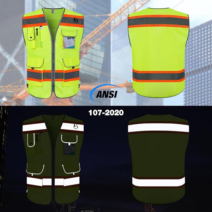 TCCFCCT High Visibility Vest 9 Pockets Reflective Safety Vest for Men Women, Hi Vis Construction Work Vest with Orange Extend Edge for Surveyors, Durable to Use, Meets ANSI/ISEA, (DB-Yellow, X-Large)