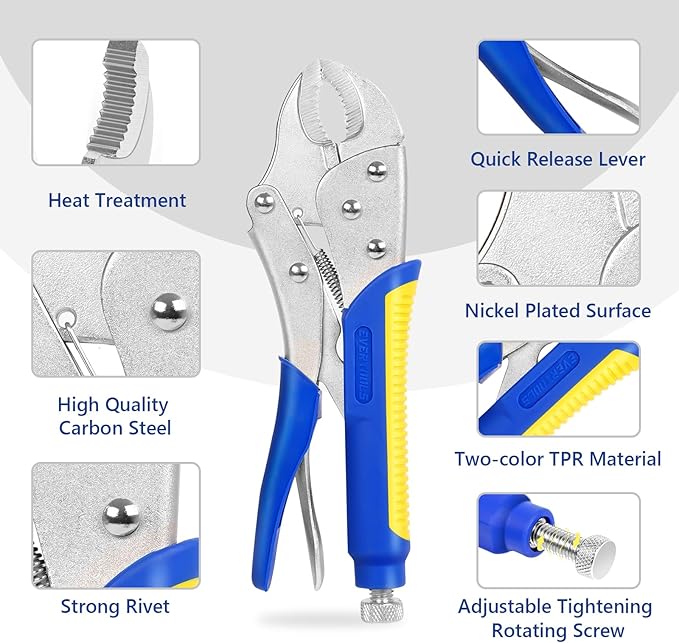 6-Piece Locking Pliers, Heavy Duty Vice Grips Set, 5", 7" & 10" Curved Jaw & 6-1/2" & 9-1/2" Long Nose, 6" C-Clamp, for Welding and Metal Bending.