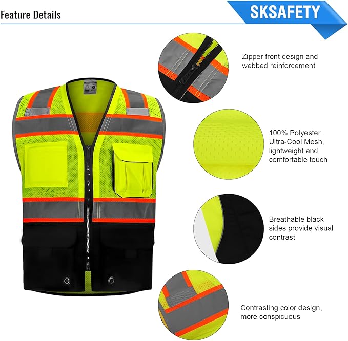 SKSAFETY 10 Pockets Hi Vis Safety Vest with Reflective Strips, ANSI/ISEA Standard, Class 2 High Vis Security Vest (Lime Black, M)